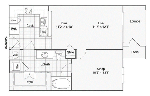 Floor plan for 1 bed, 1 bath, 677 sqft